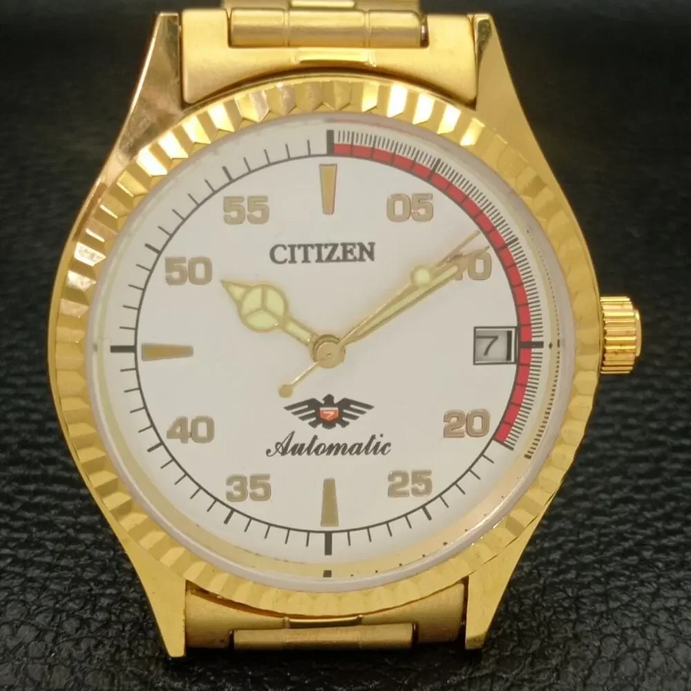 Vintage 1983 Citizen Automatic Mens Gold Watch W/daydate & Red accents